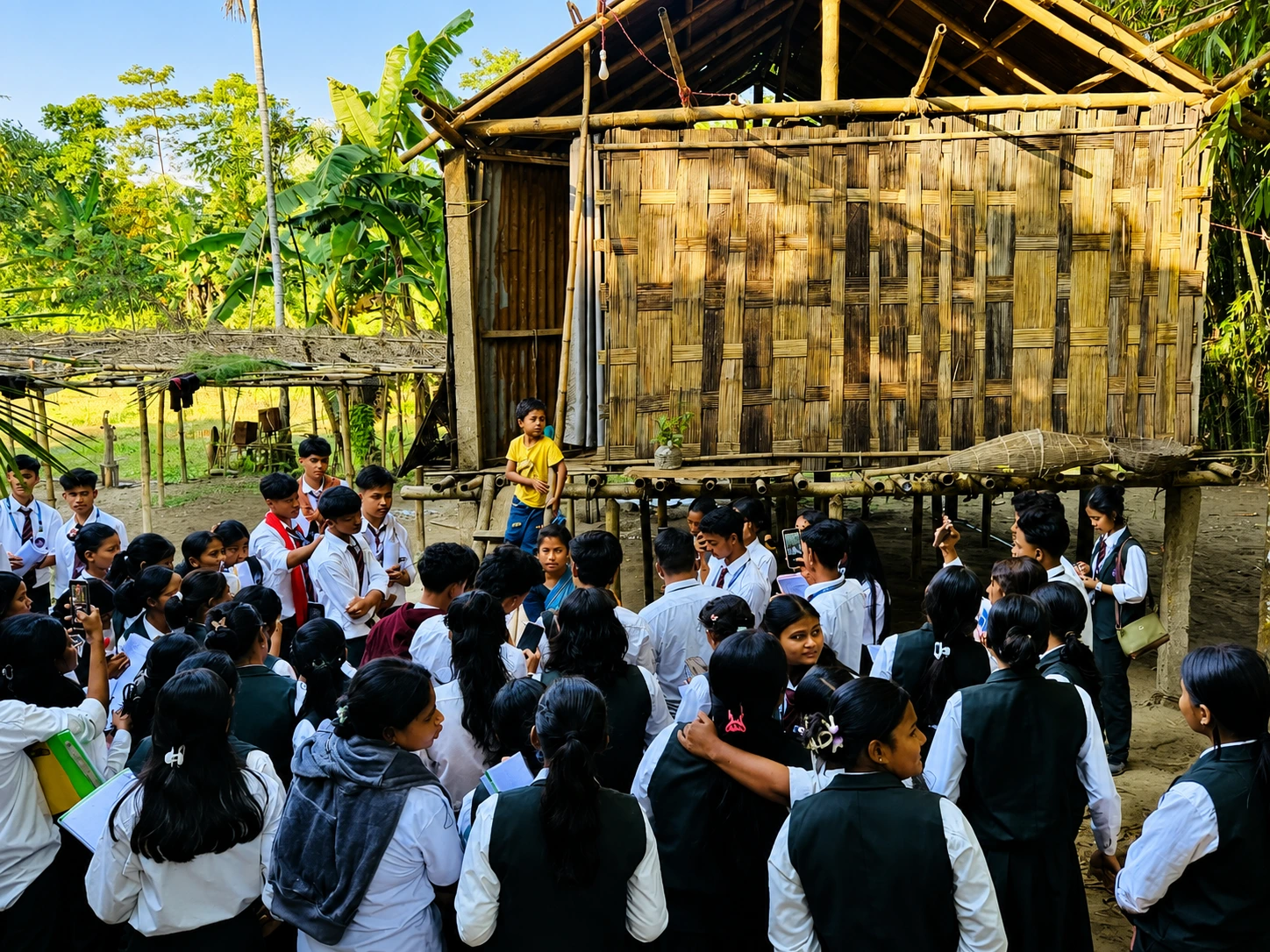 Students observing historical wooden structures during a tour
